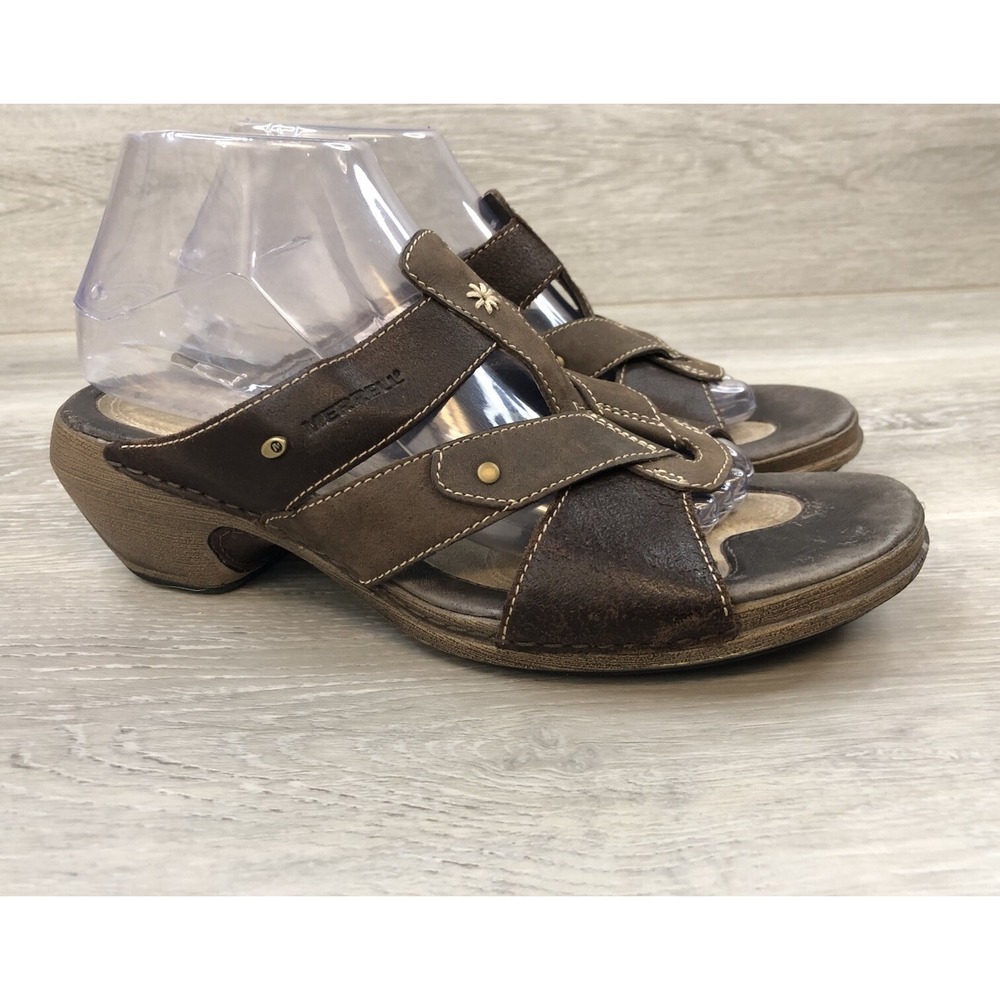 Merrell Luxe Women's Sandal‎ Brown Leather 9 Block Heel Slip On Comfort Shoes